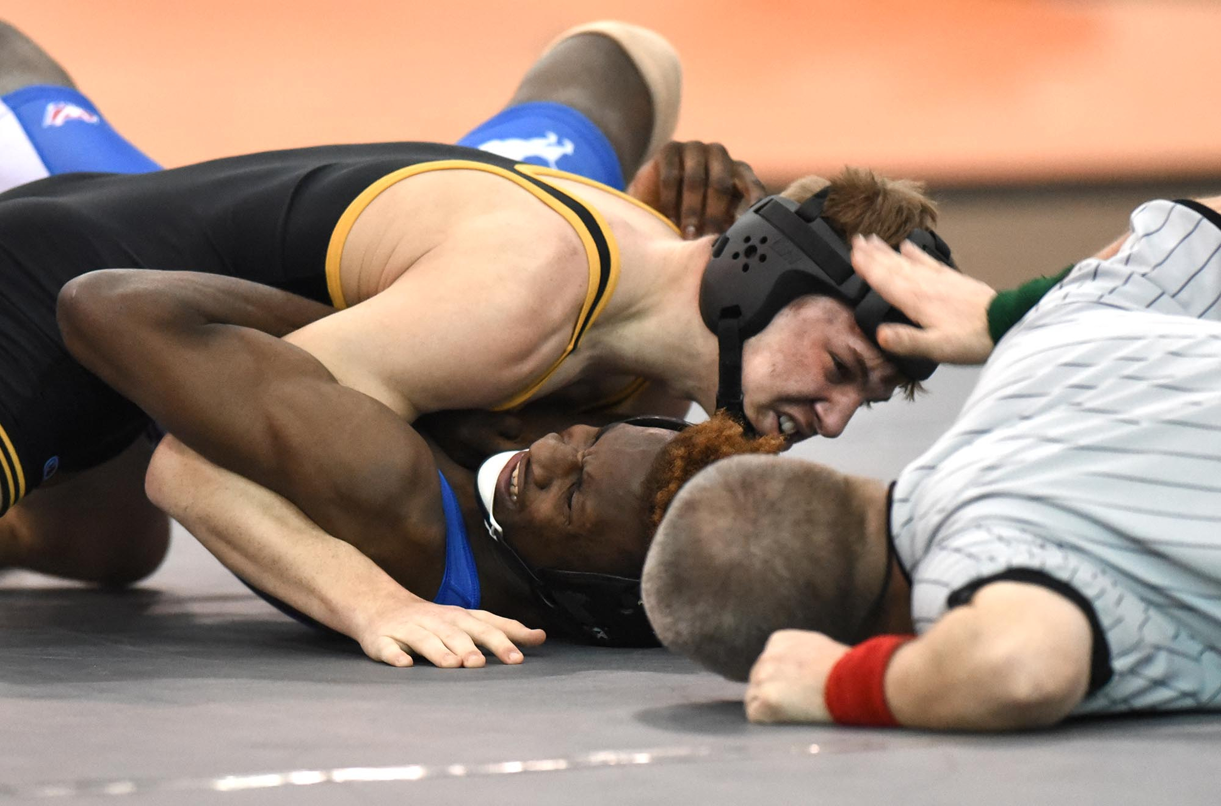 Hixson's Landon Goforth (top) pins Red Bank's Gabe McDuffie in the 145 pound class. Goforth finished the year undefeated. The finals of the TSSAA State Wrestlings Championships were held at the Williamson Agricultural Center in Franklin, Tn. on February 20, 2016.