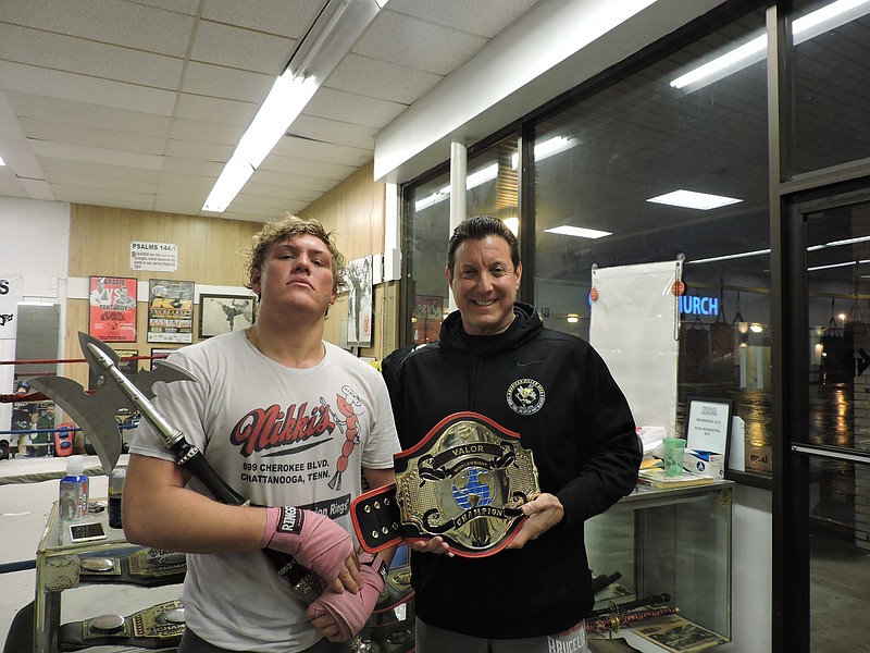 Professional mixed martial arts fighter Sid Wheeler, left, of Dalton, and Chet Blalock, owner of Blalock's Gym in Fort Oglethorpe, are ready for the Valor Fights 31 event being held at Chattanooga Sports Complex in Hixson.