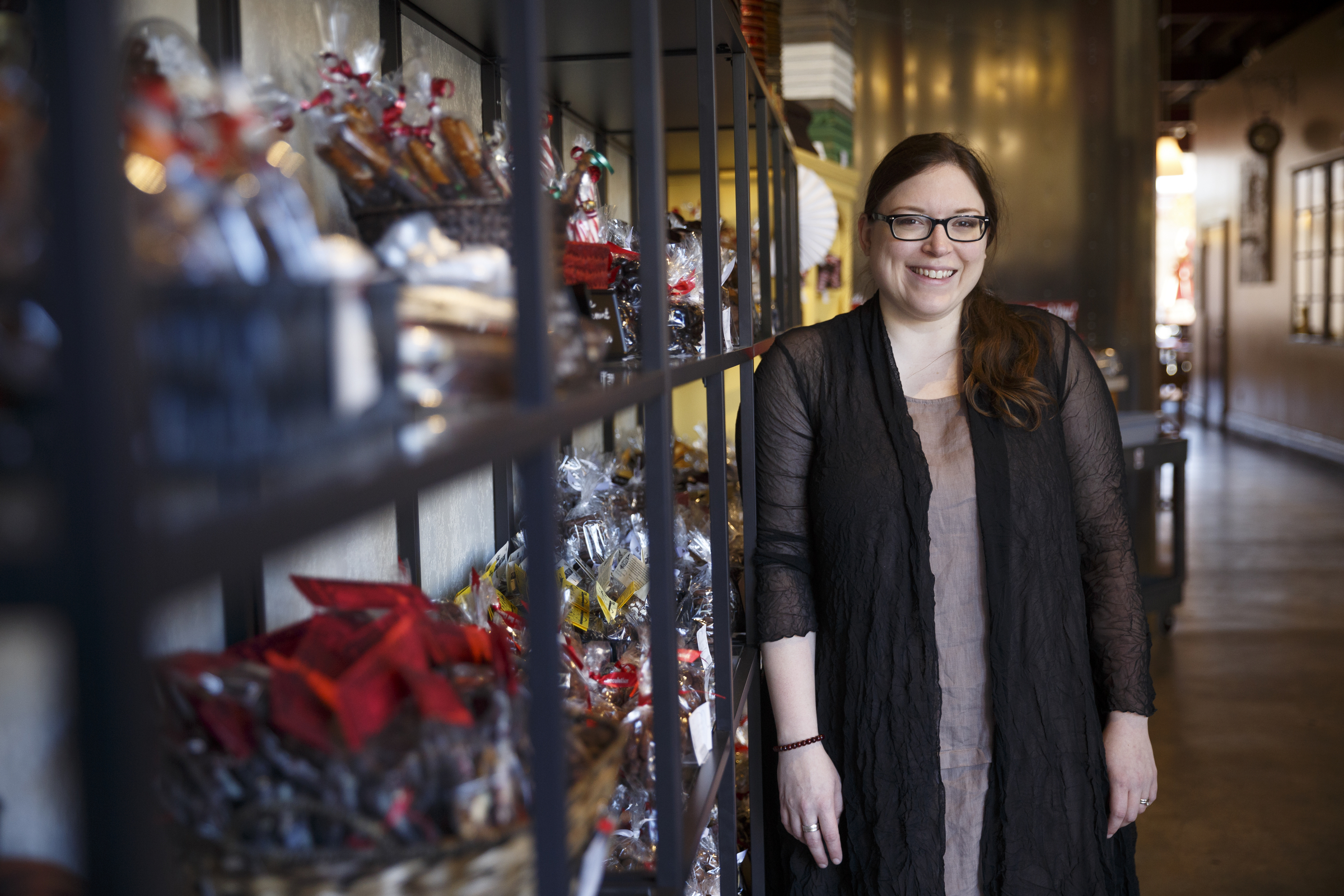 Hot Chocolatier owner Wendy Buckner stands in her business on Market Street.