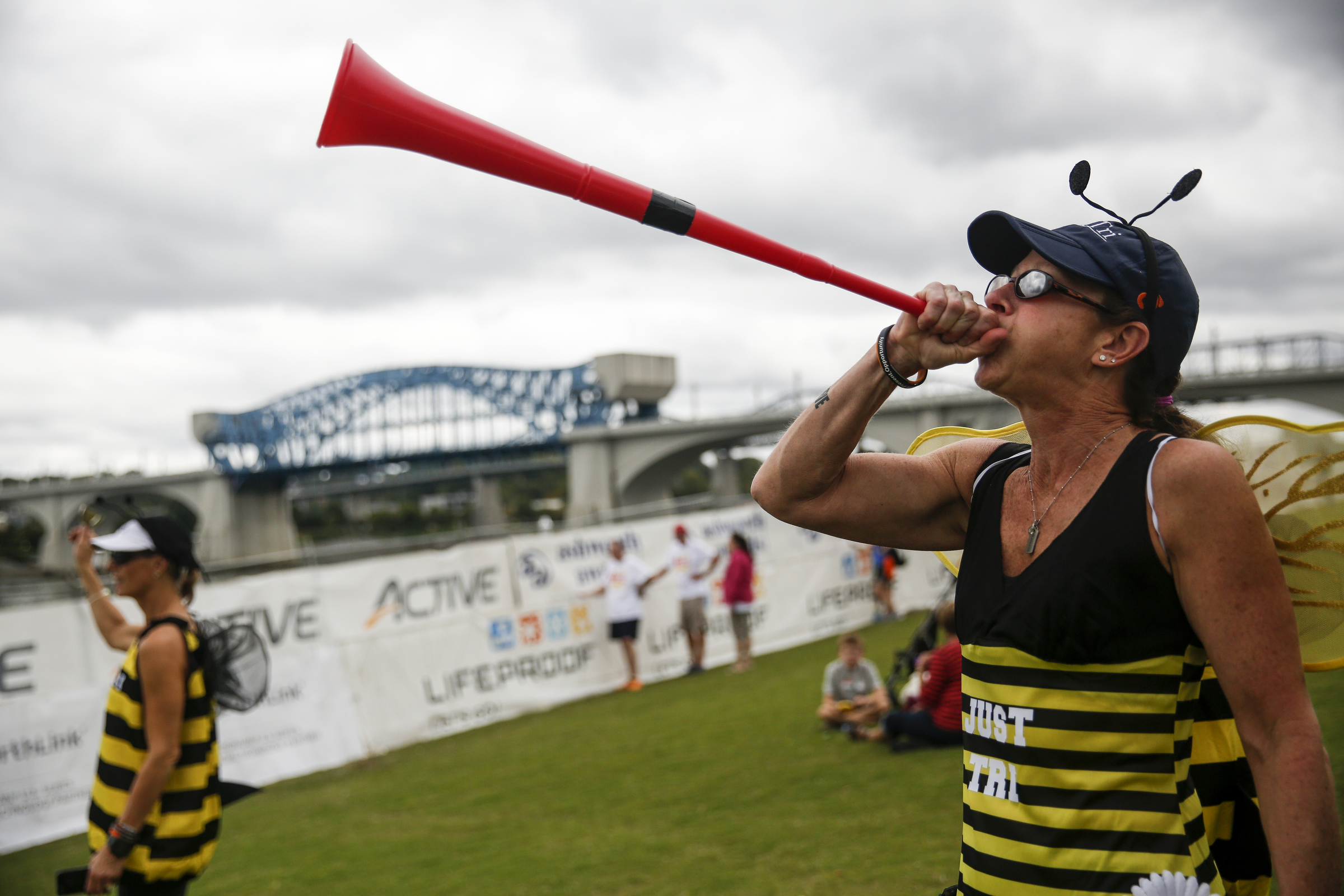 Dawn Fowler gets the crowd riled up during the full Ironman's second visit to the Scenic City in 2015.