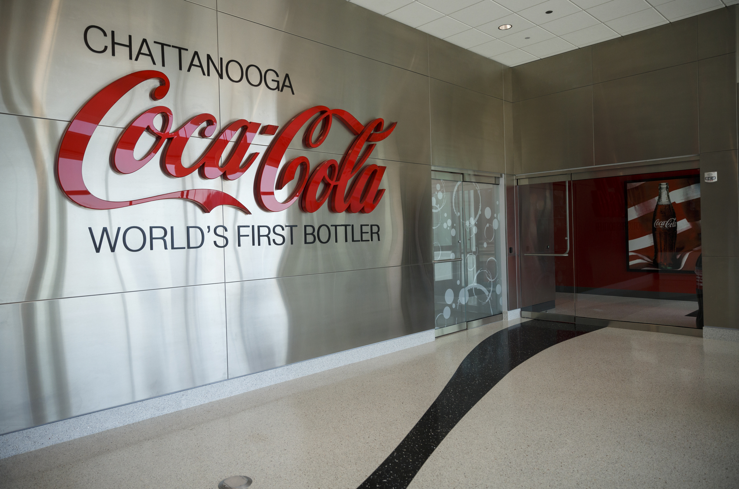 The lobby of the new Coca-Cola Bottling Company United divisional headquarters on Sheperd Road is seen Friday, Feb. 19, 2016, in Chattanooga, Tenn. The $67 million facility is at the site of the old Olan Mills campus.