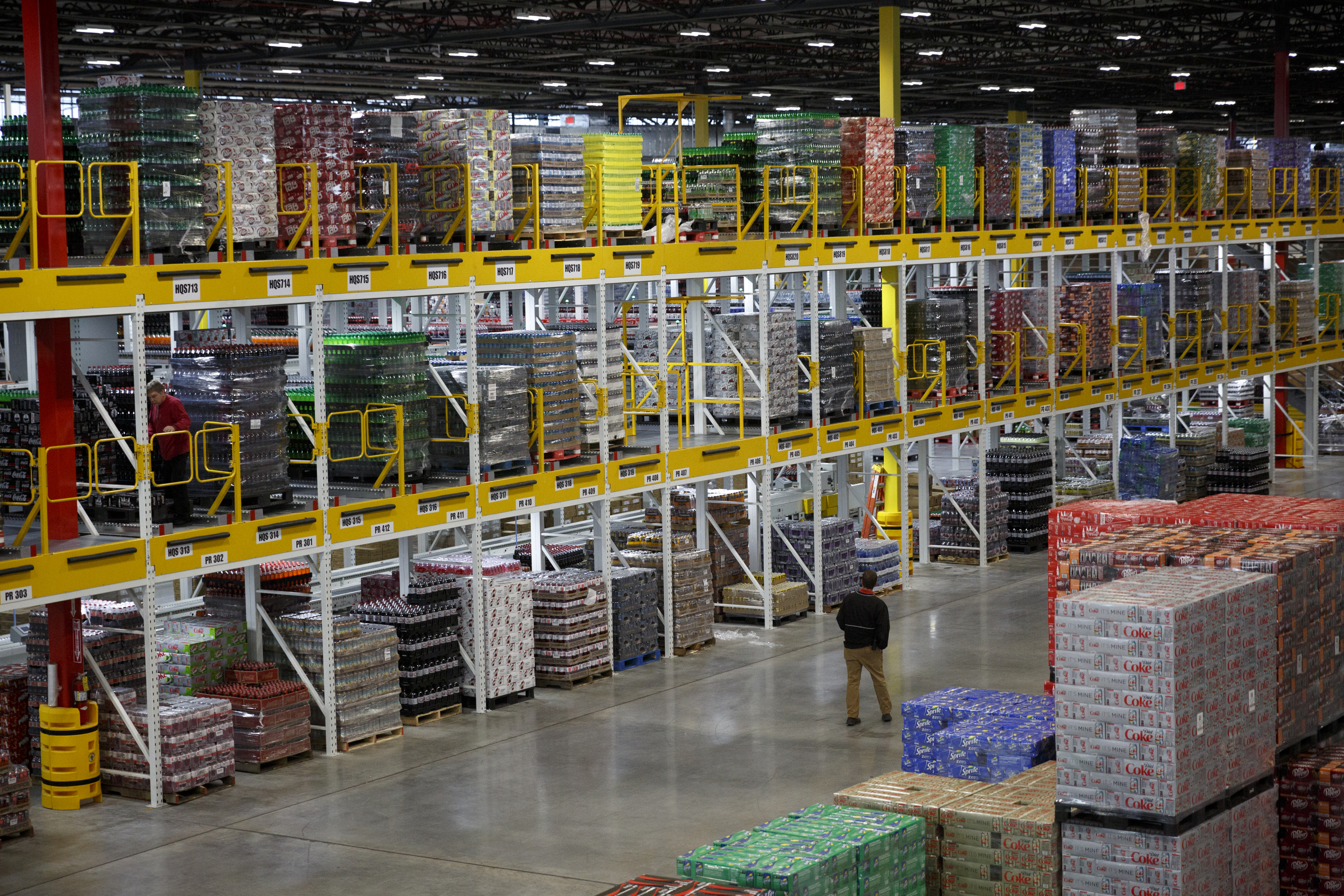 Beverages are stacked on pallets for sorting and distribution at the new Coca-Cola Bottling Company United divisional headquarters on Sheperd Road on Friday, Feb. 19, 2016, in Chattanooga, Tenn. The $67 million facility is at the site of the old Olan Mills campus.