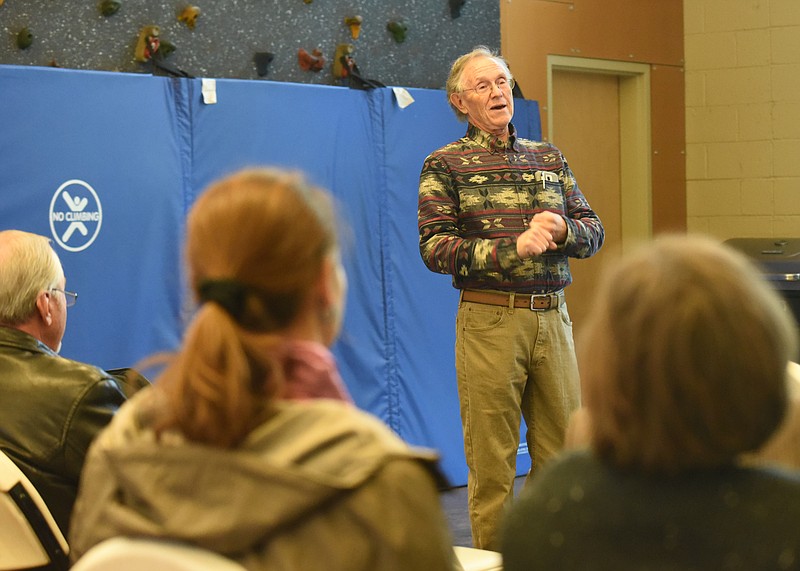 Prominent local ecologist Bill Phillips speaks to a group about mitigation at the Volkswagen property and other conservation sites Thursday night at Outdoor Chattanooga. The speech was part of the Outdoor Chattanooga Winter Workshop Series.