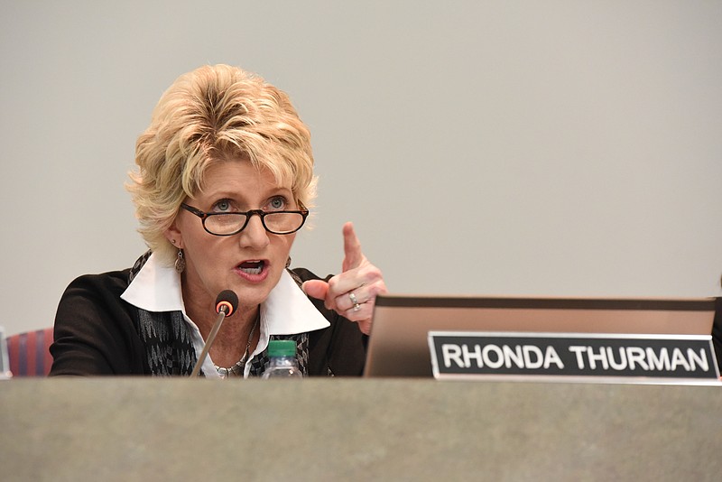 Rhonda Thurman expresses her concern about paying the superintendent to leave the Hamilton County School system in this photo from a school board meeting. 