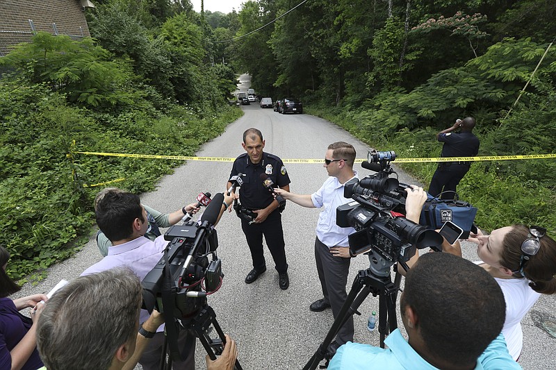 Staff Photo by Dan Henry / The Chattanooga Times Free Press- 6/11/15. Chattanooga Police Chief Fred Fletcher speaks to media as his officers work the scene of a shooting at 3822 Youngstown Road where two four-year-old girls suffered from non-life threatening injuries from a drive by at 1pm on Thursday, June 11, 2015. 