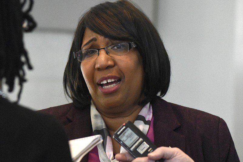 Candy Carson, wife of Republican presidential candidate Dr. Ben Carson, speaks to reporters after meeting with supporters in the Walker Lecture Hall in the new science and math building at Lee University on Monday, Feb. 29, 2016, in Cleveland, Tenn.