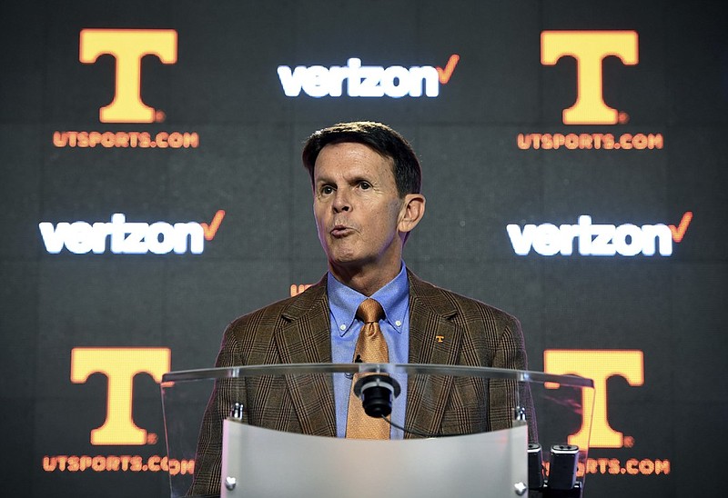 Tennessee athletic director Dave Hart answers questions during a press conference at University of Tennessee's Ray & Lucy Hand Digital Studio in Knoxville, Tenn., on Thursday, Feb. 25, 2016. Hart stood by his embattled football coach during the news conference Thursday at the university, two weeks after a federal lawsuit was filed Feb. 9 in Nashville alleging that Tennessee mishandles assault complaints against athletes. (Adam Lau/Knoxville News Sentinel via AP) MANDATORY CREDIT