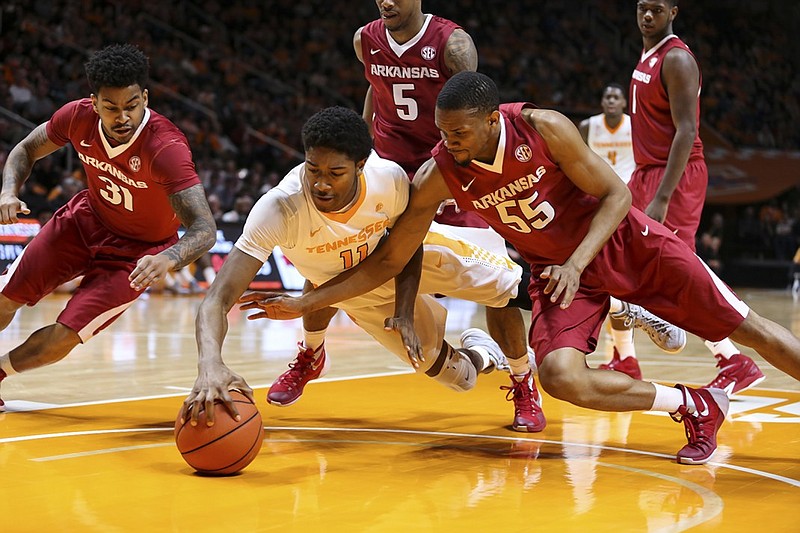 KNOXVILLE,TN - FEBRUARY 27, 2016 -  Forward Kyle Alexander #11 of the Tennessee Volunteers during the game between the Arkansas Razorbacks and the Tennessee Volunteers at Thompson-Boling Arena in Knoxville, TN. Photo By Craig Bisacre/Tennessee Athletics
