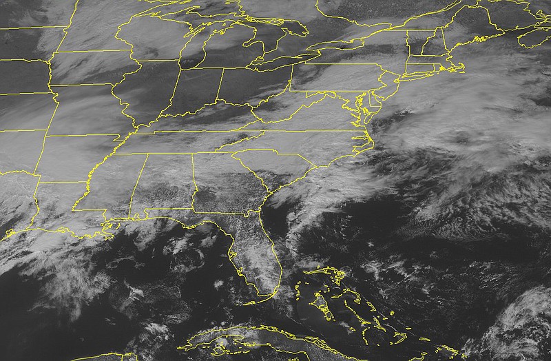 This NOAA satellite image taken, Tuesday, Feb. 23, 2016, at 12:45 p.m. EST, shows a stationary front over the Mid-Atlantic extending westward into the Lower Mississippi River Valley.