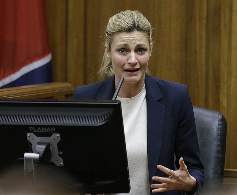 Sportscaster and television host Erin Andrews testifies Monday, Feb. 29, 2016, in Nashville. Andrews has filed a $75 million lawsuit against the franchise owner and manager of a luxury hotel and a man who admitted to making secret nude recordings of her in 2008.