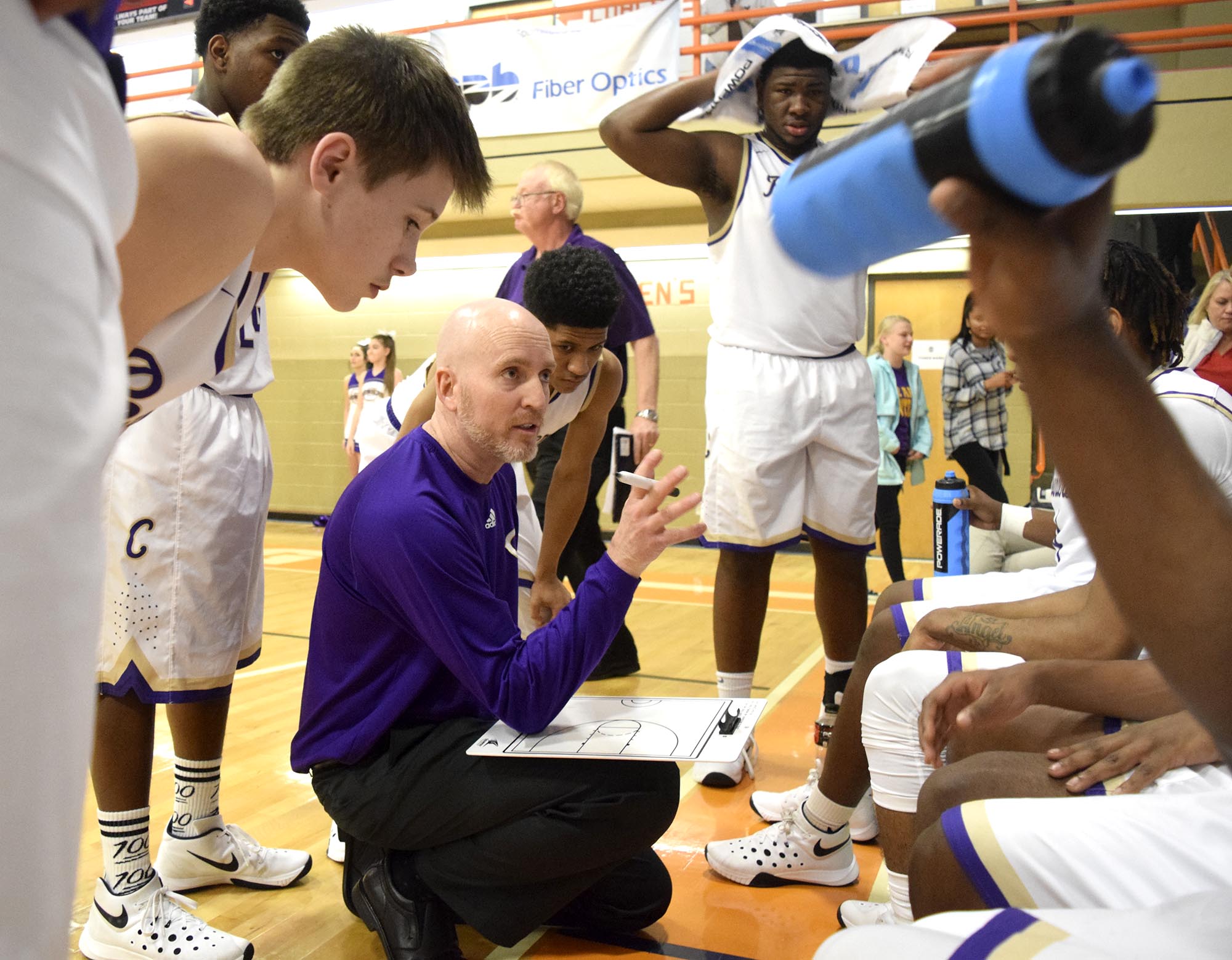 Central head coach Rick Rogers instructs his Purple Pounders between quarters. The Central Purple Pounders faced the Red Bank Lions in the semi-finals of the Region 3-AA basketball tournament at East Ridge High School Tuesday March 1, 2016.