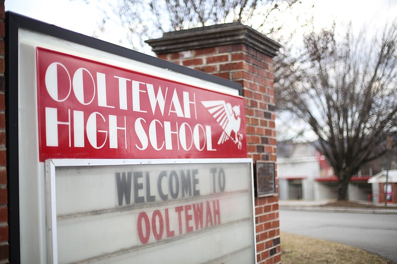 The exterior of Ooltewah High School photographed.