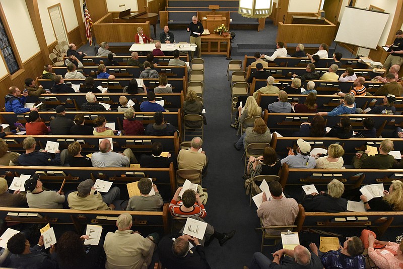 A capacity crowd listens to Walker County Sheriff Steve Wilson at a community meeting at the Mission Glen Baptist Church on Tuesday, Mar. 1, 2016, near Rossville, Ga. The meeting was organized by David Roden in hopes to increase community involvement to address a number of issues in the Rossville and North Walker County areas.  