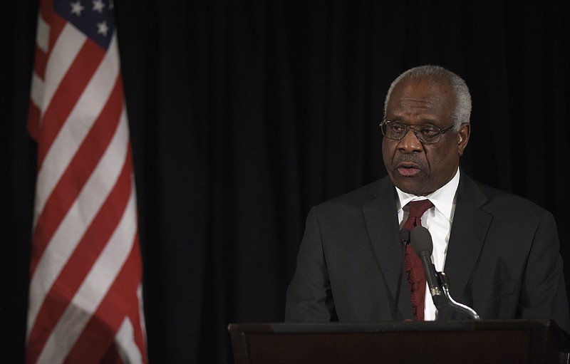 
              Supreme Court Justice Clarence Thomas speaks at the memorial service for Supreme Court Justice Antonin Scalia, Tuesday, March 1, 2016, at the Mayflower Hotel in Washington. (AP Photo/Susan Walsh, Pool)
            