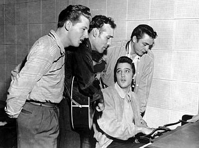 In this Dec. 4, 1956, file photo, Jerry Lee Lewis, Carl Perkins, Elvis Presley and Johnny Cash play and sing at Sun Studios in Memphis.