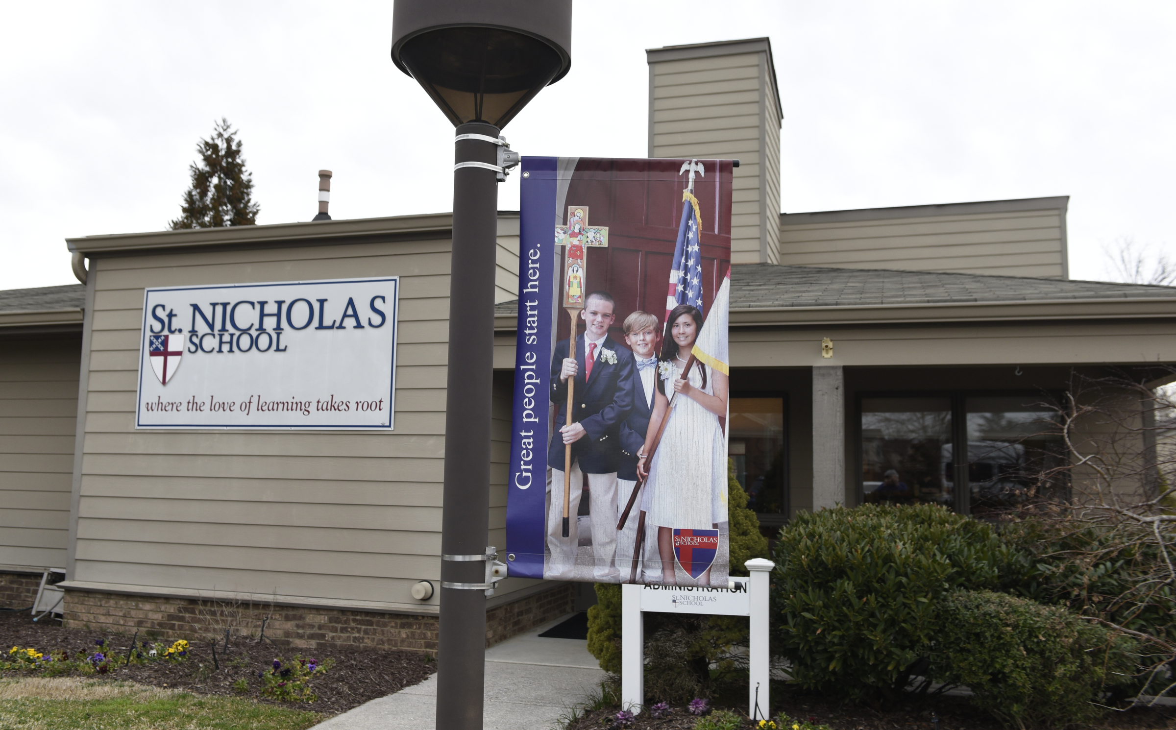 The administration building on the campus of the St. Nicholas School is photographed Thursday, Mar. 3, 2016, in Chattanooga, Tenn. A chapel and fine arts building is being built, along with shelter rooms adjoining existing classroom buildings.