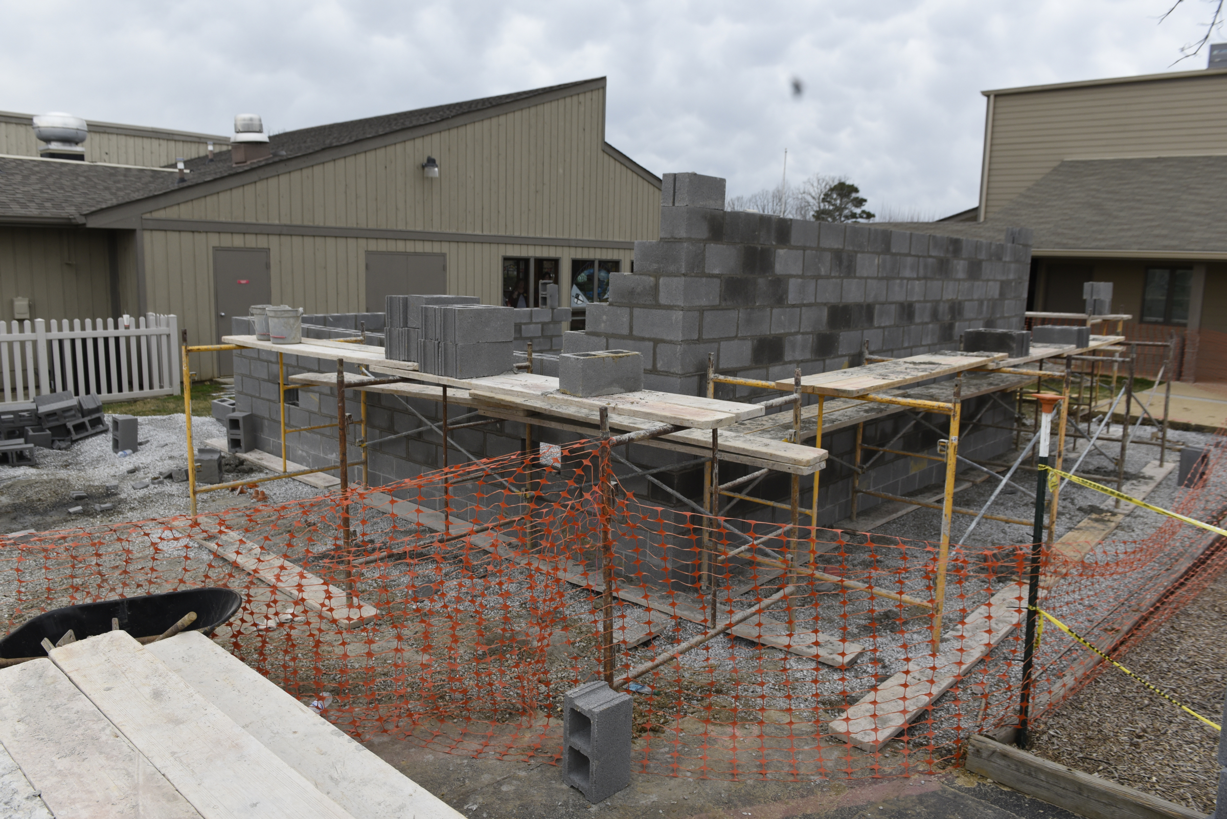 The construction site on the campus of the St. Nicholas School is photographed Thursday, Mar. 3, 2016, in Chattanooga, Tenn. A chapel and fine arts building is being built, along with shelter rooms adjoining existing classroom buildings, one of which is seen here.