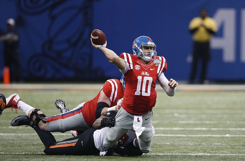 Ole Miss quarterback Chad Kelly passed for 302 yards and four touchdowns in the Rebels' 48-20 rout of Oklahoma State in the Sugar Bowl on New Year's Day, and he also had 10 carries for 73 yards.