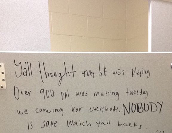 This threat found in a girls bathroom at Ooltewah High School on Friday led to the arrest of a female student, the Hamilton County Sheriff's Office said.