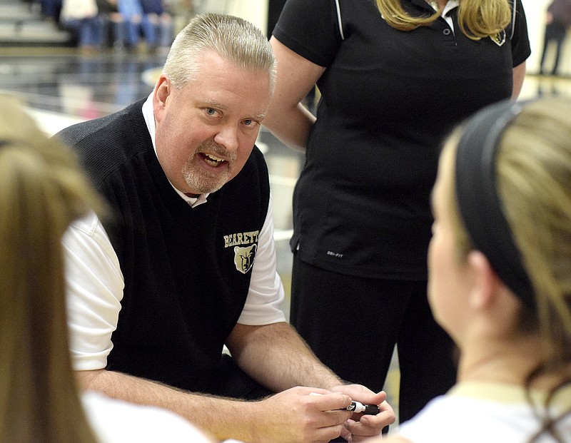 Bradley Central head coach Jason Reuter directs his team between quarters.  The Stewarts Creek Lady Red Hawks visited the Bradley Central Bearettes in TSSAA AAA state sectional basketball action in Cleveland, Tn. on March 5, 2016.