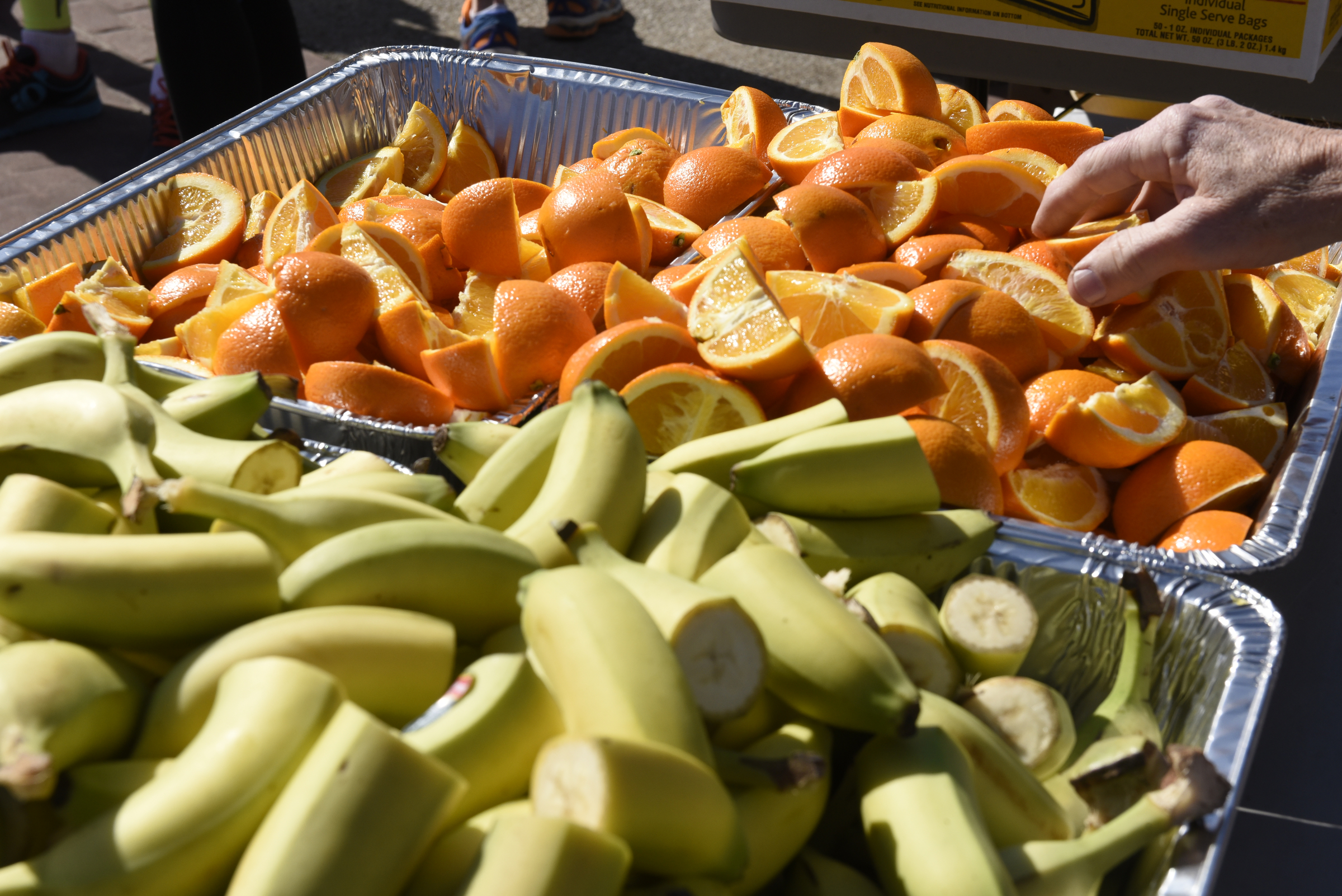 Sliced bananas and oranges await runners at the finish line at the Chattanooga Marathon on Sunday, Mar. 6, 2016, in Chattanooga, Tenn.