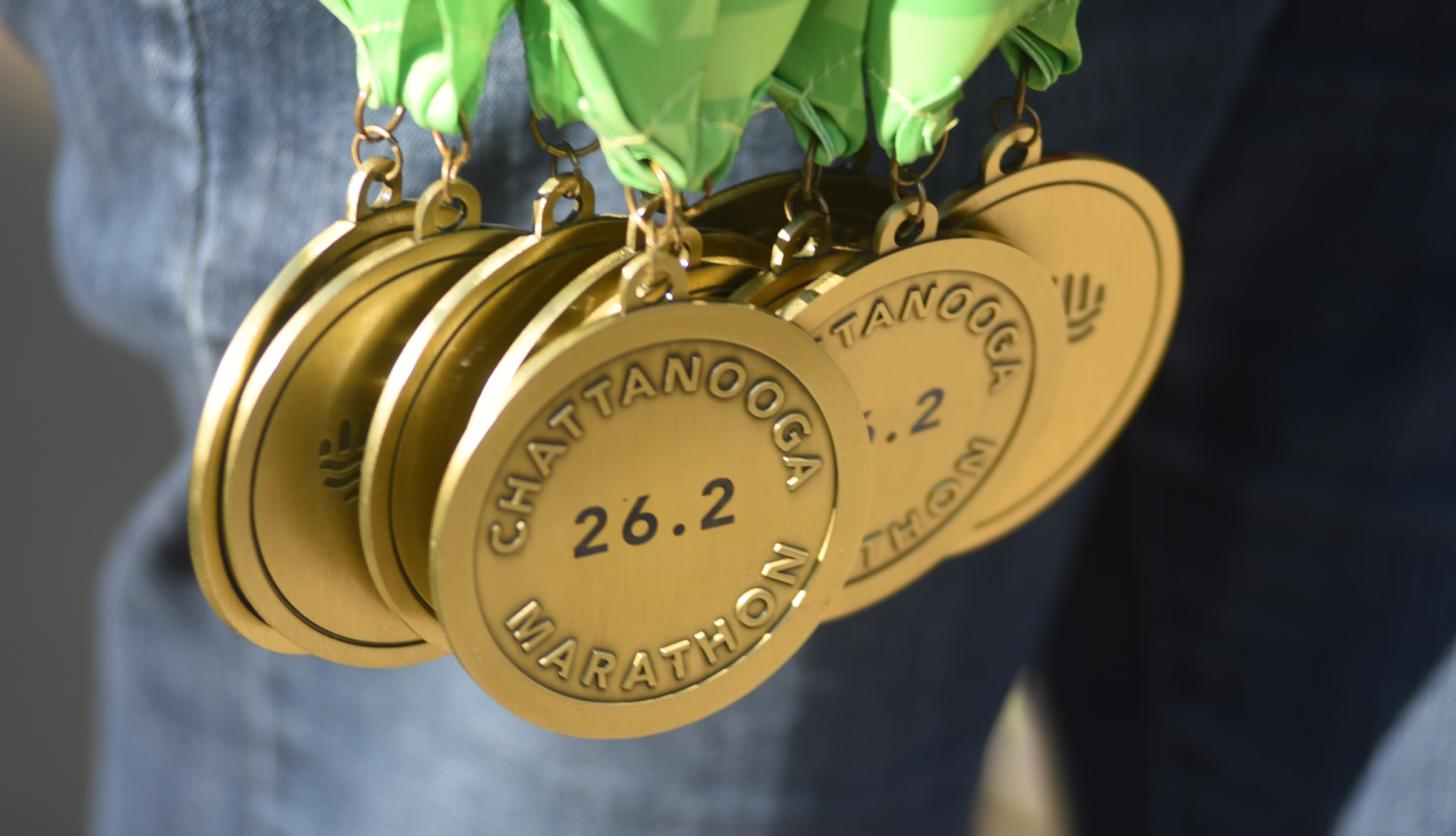 Medals await finishers during the first running of the Chattanooga Marathon on Sunday, Mar. 6, 2016, in Chattanooga, Tenn.