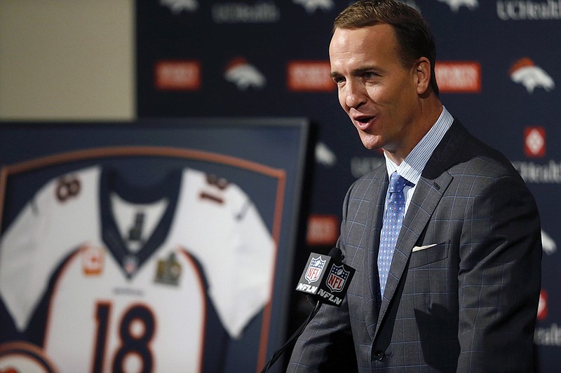 Denver Broncos quarterback Peyton Manning speaks during a news conference where he announced his retirement from professional football, in Englewood, Colo., Monday, March 7, 2016. Manning finished a record-breaking 18 year career by leading the Broncos to the team's Super Bowl 50 victory over the Carolina Panthers. (AP Photo/David Zalubowski)