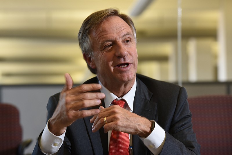 Tennessee Gov. Bill Haslam talks about education and his budget at a recent Times Free Press editorial board meeting.