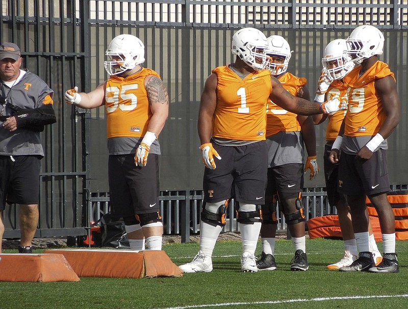 Tennessee sophomore defensive lineman Kahlil McKenzie gestures during practice Monday. McKenzie has football in his blood, as his dad, Reggie, and uncle, Raleigh, also played for the Vols.