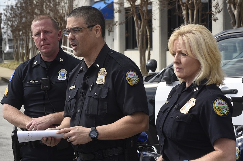 Sgt. Justin Kilgore, Lt. David Gibb and Capt. Kim Noorbergen, from left, speak to reporters at a news conference at the Police Services Center on Wednesday, Mar. 8, 2016, in Chattanooga, Tenn. Chattanooga police announced Wednesday that they will institute a Special Traffic Operations Plan (STOP) to address the increase of incapacitating and fatal wrecks city-wide.