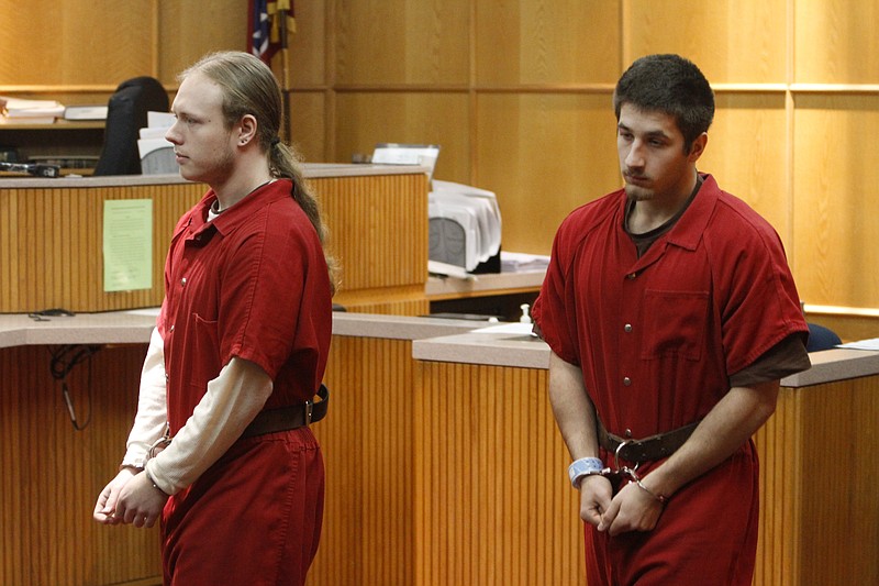 Skyler Allen, left, and Derek Morse appear in court in 2014 for the triple slaying in Lookout Valley.