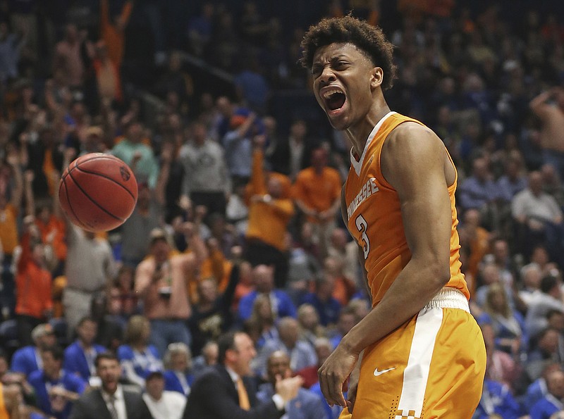 Tennessee's Robert Hubbs III (3) reacts after making a basket against LSU during the second half of an NCAA college basketball game in the Southeastern Conference tournament in Nashville, Tenn., Friday, March 11, 2016. (AP Photo/John Bazemore)