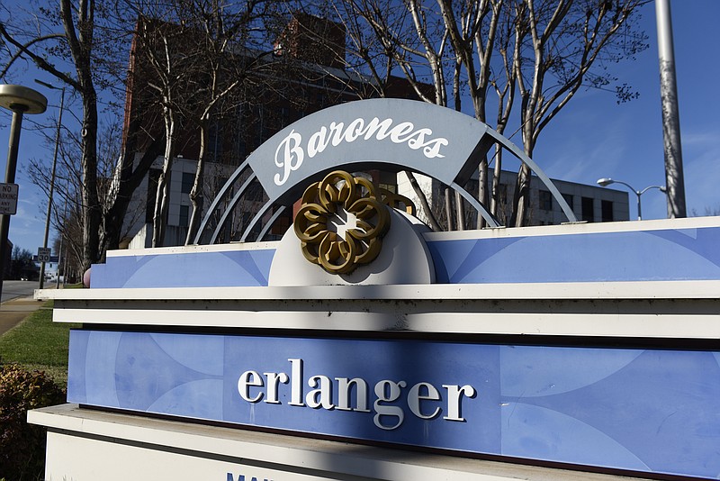 The entrance sign for Erlanger Medical Center is located on the east side of the facility on Third Street near the intersection with Central Avenue.