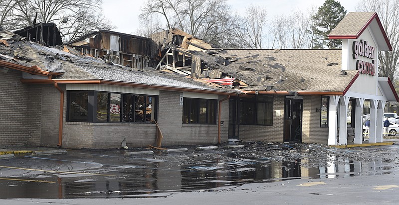The burned-out Golden Corral restaurant is seen on Wednesday morning, Jan. 6, 2016. The business was destroyed by a fire that started shortly after midnight.
