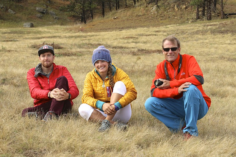 Max Lowe, Rachel Pohl and Conrad Anker, from left, pause at the base of Devils Tower National Monument to enjoy the scenery and look for native prairie dogs. A National Geographic Adventurer, Lowe will discuss his journeys and involvement in the IMAX documentary "National Parks Adventure" during a presentation Tuesday at the Tennessee Aquarium IMAX Center.