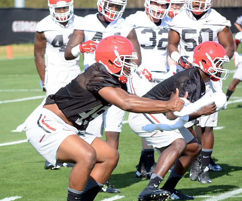 Georgia linebacker Reggie Carter (45) during the Bulldogs' spring practice session on Tuesday, March 15, 2016, in Athens, Ga. (Photo by Steven Colquitt)