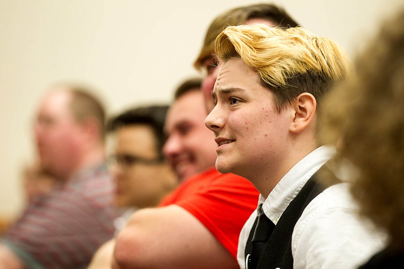 
              Henry Seaton, a transgender high school senior, listens during a House subcommittee hearing about a bill seeking to require school children to use restrooms according to the gender on their birth certificates, Tuesday, March 15, 2016, in Nashville, Tenn. Seaton told the panel that he has had to use a teacher’s bathroom at his school because he was not allowed to use either the boys or girls facilities. (AP Photo/Erik Schelzig)
            