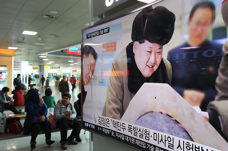 A TV screen shows North Korean leader Kim Jong Un during a news program, at Seoul Railway Station in Seoul, South Korea, Tuesday, March 15, 2016. 