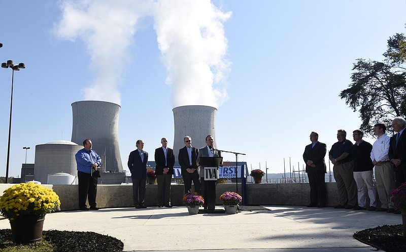Mike Skaggs, senior vice president of operations and construction, speaks at a news conference at the Watts Bar Nuclear Plant on Thursday, Oct. 22, 2015, near Spring City, Tenn., as Unit 2 begins producing electricity for the first time, 43 years after construction began at the site. Standing with him are, from left, are TVA manager of media relations Jim Hopson, site vice president Kevin Walsh, TVA chief nuclear officer Joe Grimes and TVA president and CEO Bill Johnson.
