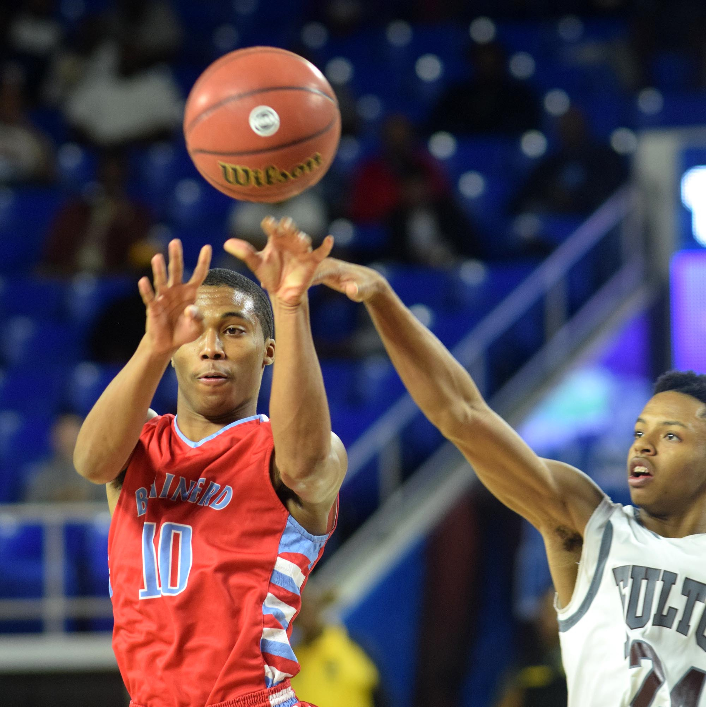 Brainerd's Kentrell Evans (10) passes to a open teammate. The Brainerd High Panthers faced the Fulton High Falcons in the TSSAA State Division I Class AA Championship at the Murphy Center on the campus of Middle Tennessee State University in Murfreesboro March 19, 2016.