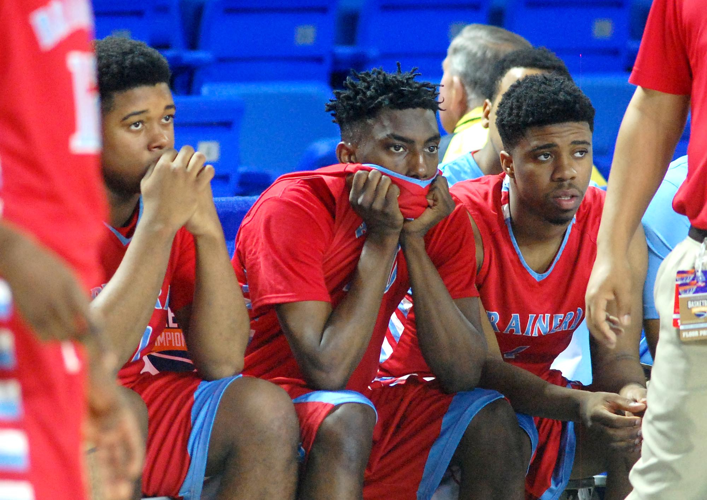 The Brainerd bench watches as the game's final seconds click down. The Brainerd High Panthers faced the Fulton High Falcons in the TSSAA State Division I Class AA Championship at the Murphy Center on the campus of Middle Tennessee State University in Murfreesboro March 19, 2016.