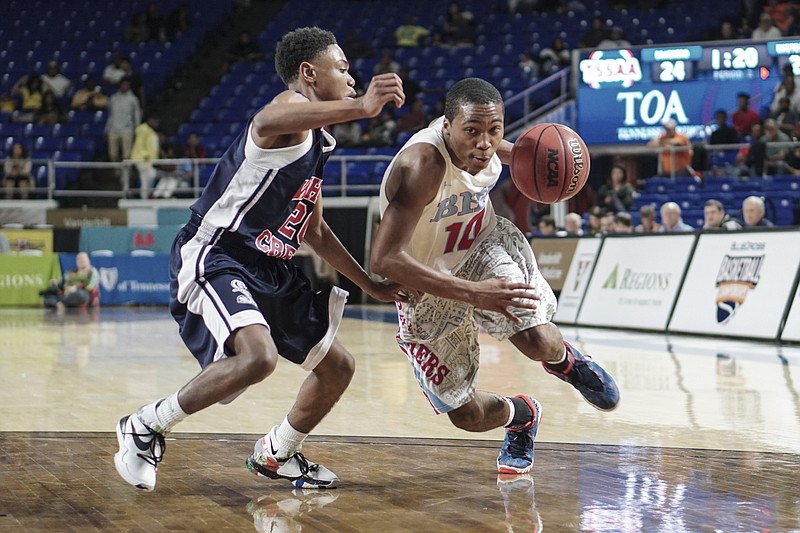 Junior point guard Kentrell Evans (10) drives past Whites Creek's Jonathan Richardson during Brainerd's 66-62 Class AA state semifinal victory Friday in Murfreesboro. Despite a traumatic family tragedy, Evans has become an exceptional student, player and on-floor coach for the Panthers.