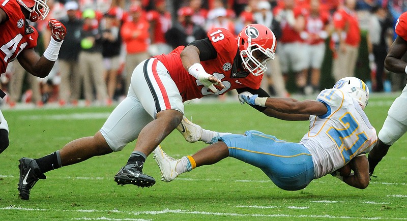 Georgia sophomore defensive end Jonathan Ledbetter, shown here in last September's win over Southern University, was arrested early Sunday morning by Athens-Clarke County police.