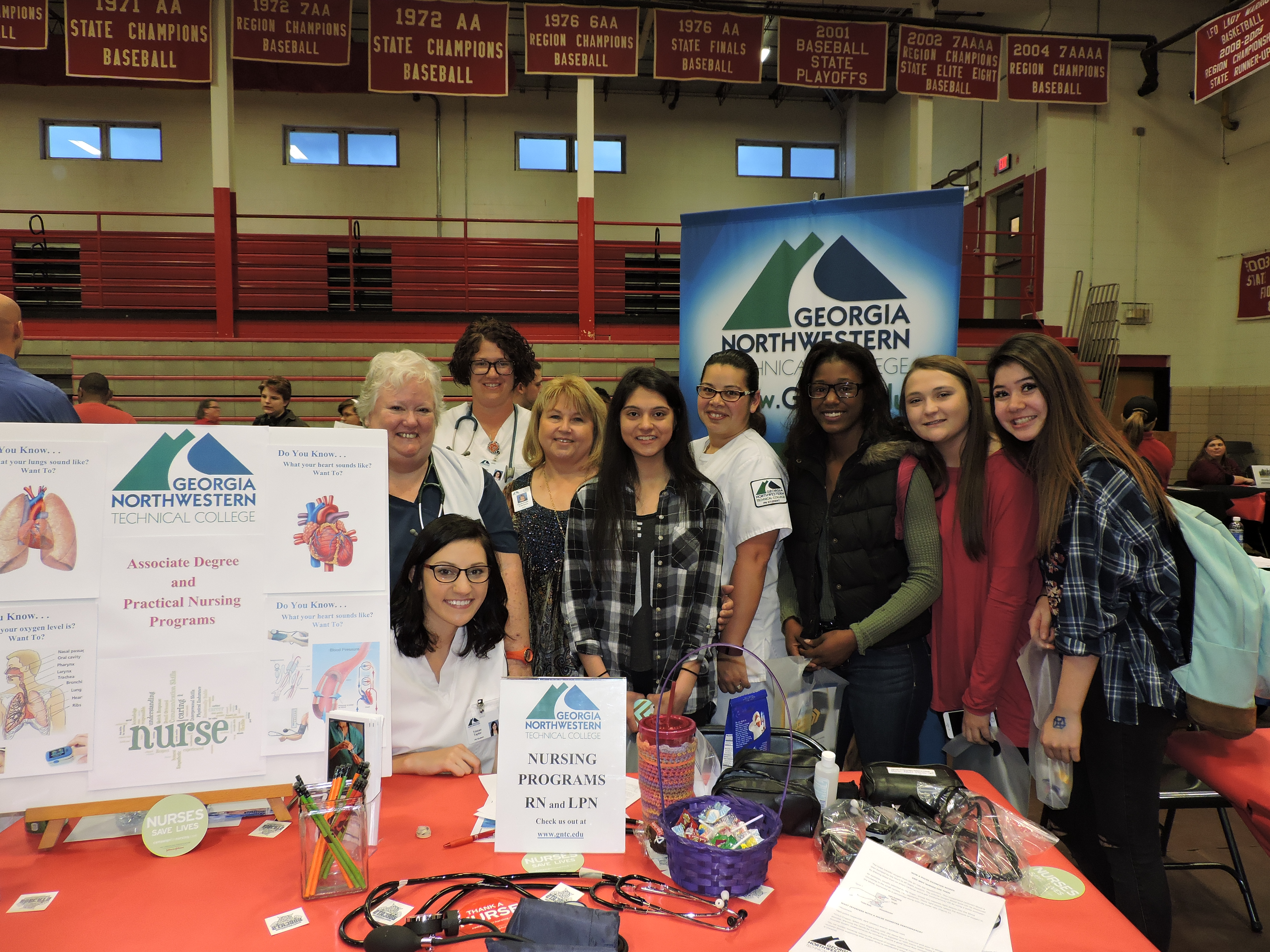 Georgia Northwestern Technical College nursing program meets with students at LFO. From left are LPN Nursing instructor Beverly Fritts, LPN students Tristan Taylor and Sharon Foster, Nursing Department secretary Deborah Carson, LFO sophomore Niki Patel, LPN student Elizabeth Lambert, and LFO sophomores Jerrian Jackson, Abigail Seay and Hannah Rae.