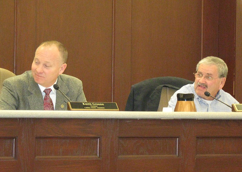 Catoosa County Commission Chairman Keith Greene, left, and Commissioner Bobby Winters sit during a previous commissioners' meeting. 