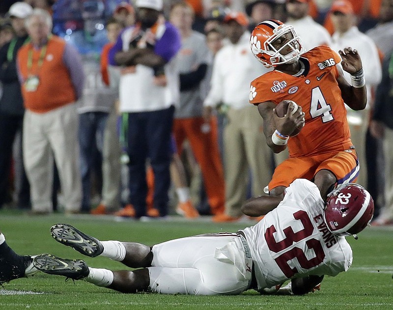 Alabama outside linebacker Rashaan Evans had two sacks of Clemson's Deshaun Watson in the national championship game in January. He is working some this spring at inside linebacker.