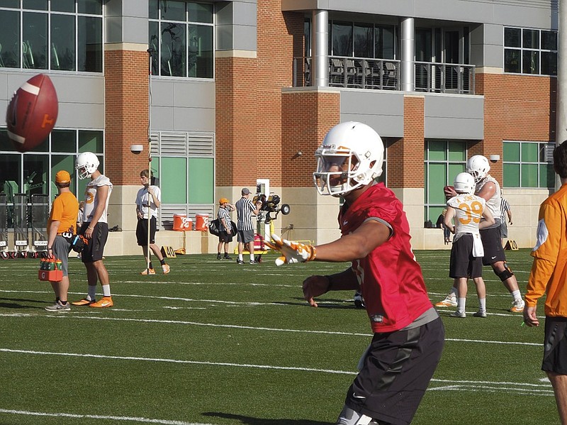 Tennessee quarterback Josh Dobbs drills during a March 8 practice. Dobbs is looking to develop synchronicity with his receivers during spring practices.