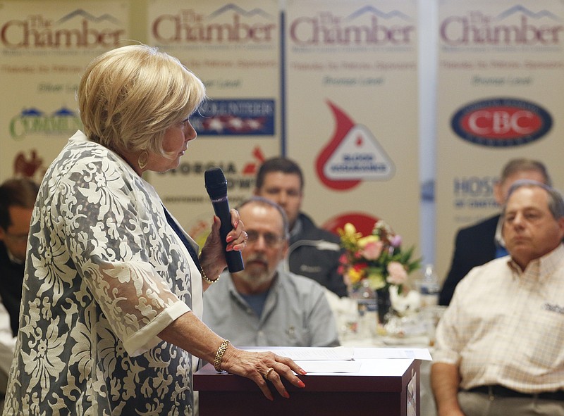 Walker County Commissioner Bebe Heiskell speaks during the Walker County Chamber of Commerce luncheon being held at the LaFayette Municipal Golf Course Clubhouse on Tuesday.