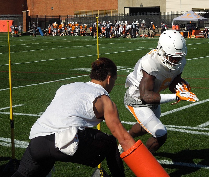 Tennessee running back Alvin Kamara goes through a drill at practice Tuesday in Knoxville. The Vols are back at spring practices after taking time off for the school's spring break last week.