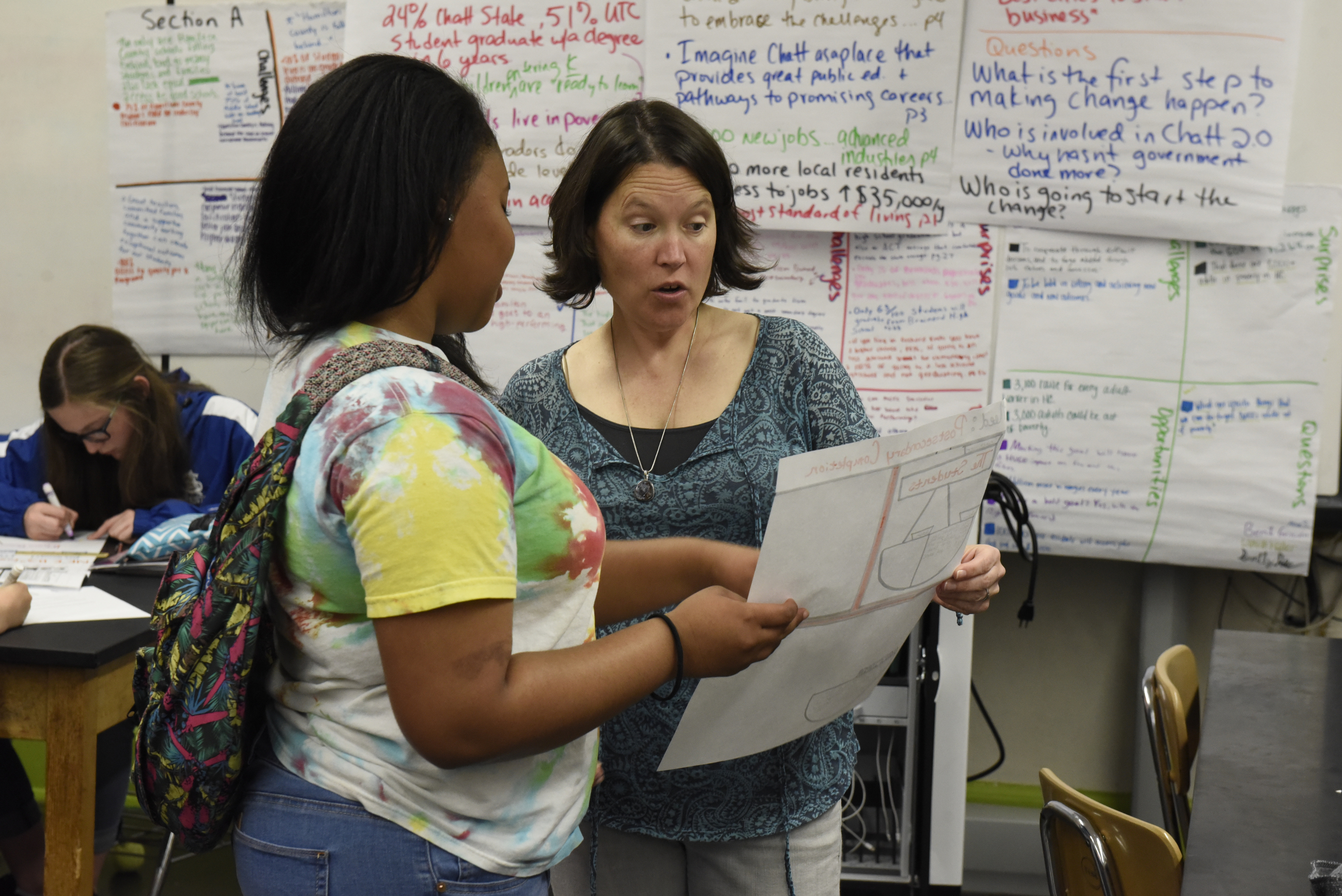 Teacher Kristin Burrus, right, talks with Taylor Bowles during seventh grade advisory and seminar class as Chattanooga School for the Arts and Sciences students discuss Chattanooga 2.0 during their seminar class Wednesday, Mar. 23, 2016, in Chattanooga, Tenn.